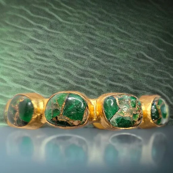 24k Gold Plated Chunky Natural Green Mohave Turquoise Artisan Cuff Bracelet - Picture 3 of 6